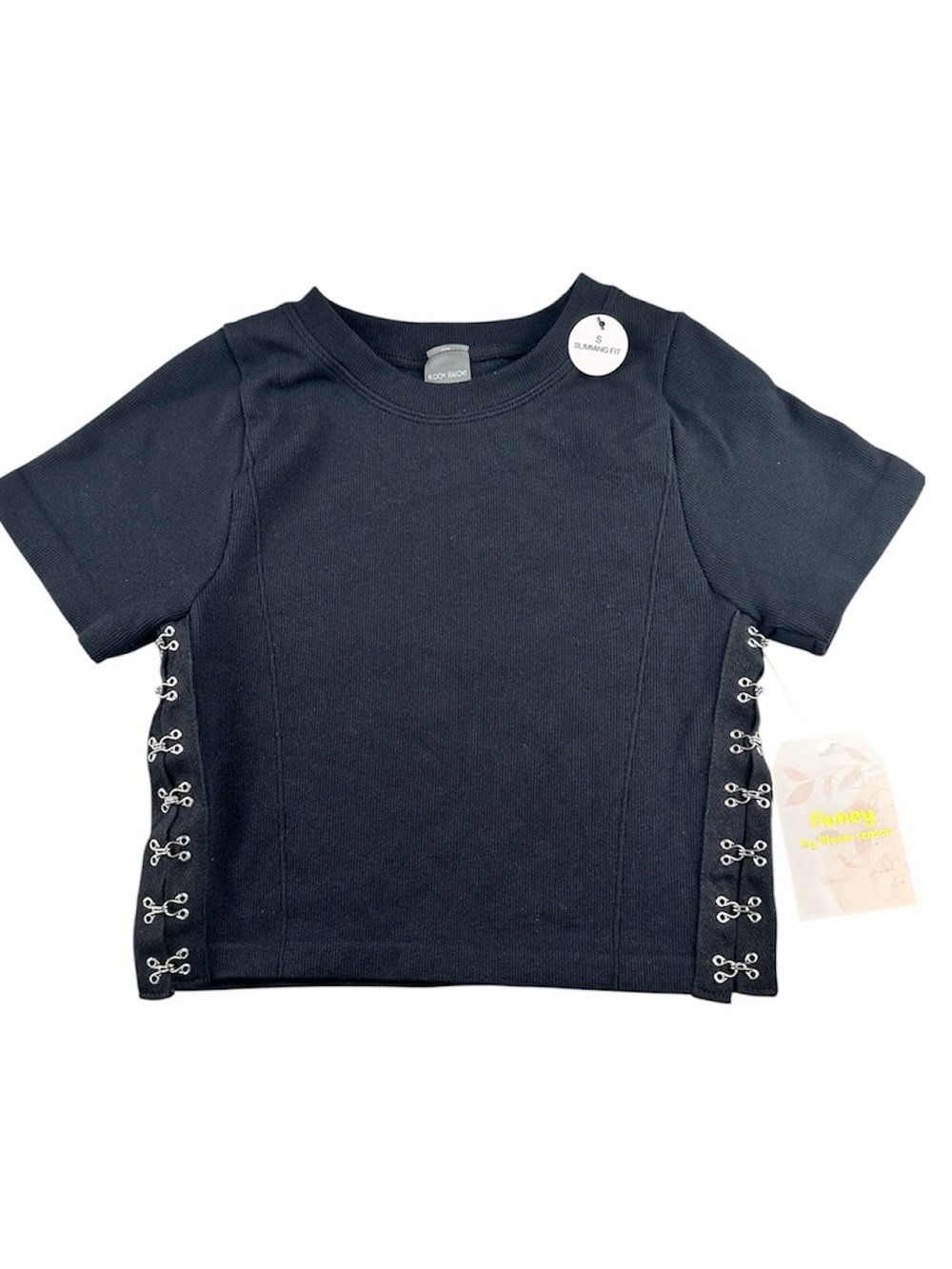 Black short sleeve stretchy punk crop top hook & eye side corsetry Edgy Tee Sz S